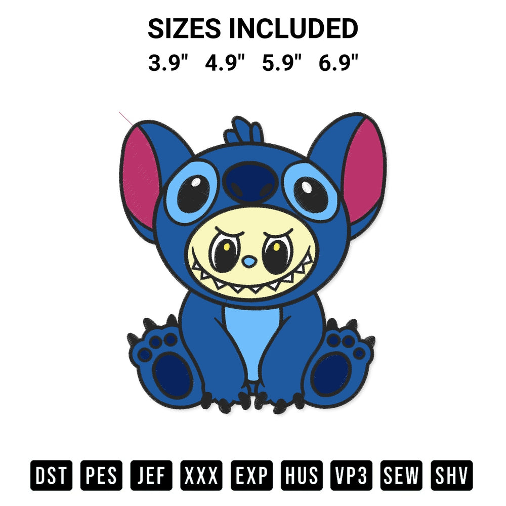 Discover the perfect addition to your crafting collection: Labubu Stitch Embroidery Design embroidery file. Instantly available at Designspacks.com. Available sizes: 3.9", 4.9", 5.9", 6.9".