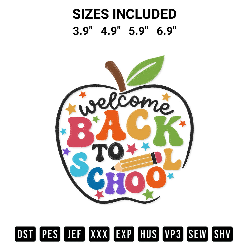 Create amazing crafts with the Welcome Back To School Embroidery Design embroidery file. High-quality digital download from Designspacks.com, perfect for beginners and pros. Available sizes: 3.9", 4.9", 5.9", 6.9".