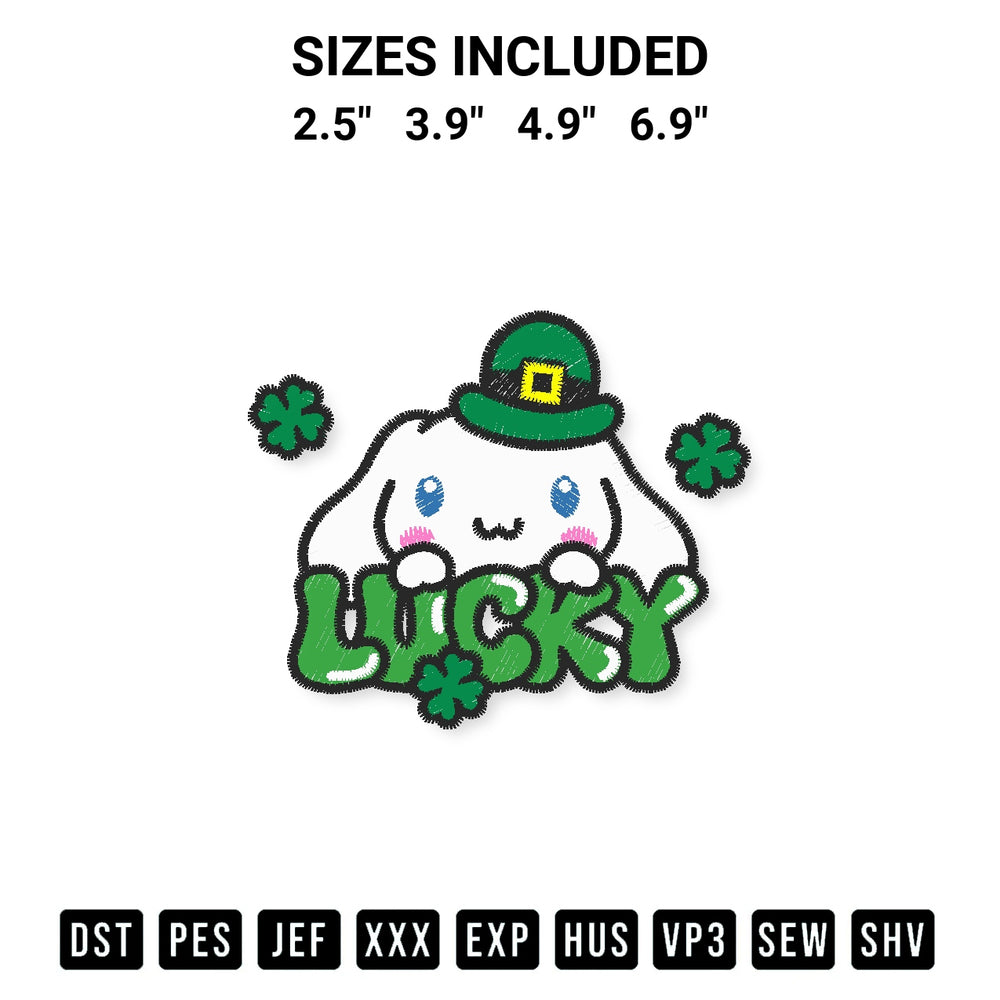 Get the Lucky Cinnamoroll St Patricks Day Embroidery Design embroidery design for your custom crafts! Premium digitized files available for instant download at Designspacks.com. Available sizes: 2.5", 3.9", 4.9", 6.9".