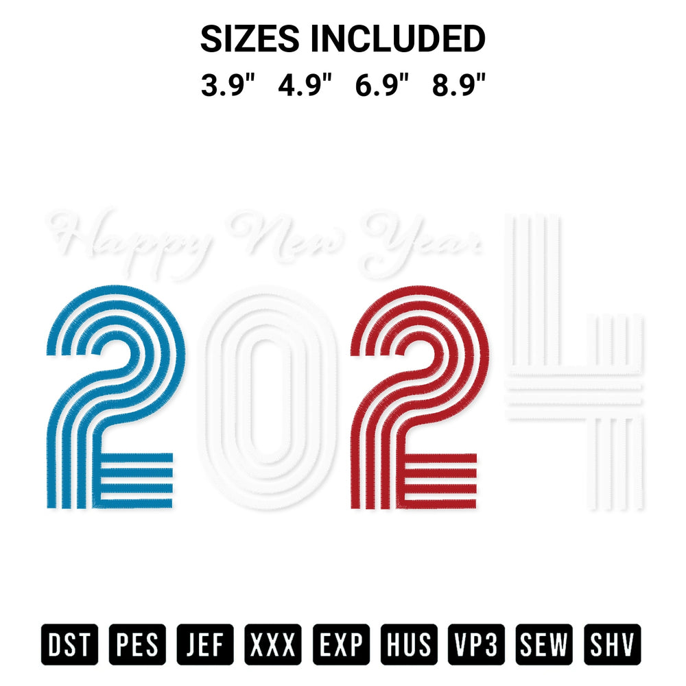 Create amazing crafts with the Happy New Year 2024 Embroidery Design embroidery file. High-quality digital download from Designspacks.com, perfect for beginners and pros. Available sizes: 3.9", 4.9", 6.9", 8.9".