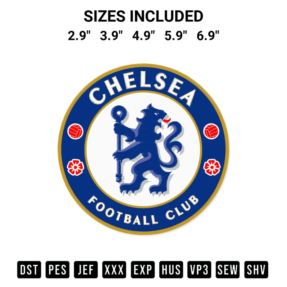 Looking for the perfect pattern? Download the Chelsea Football Club Logo Embroidery Design embroidery design today at Designspacks.com. Crisp, clean stitching guaranteed. Available sizes: 2.9", 3.9", 4.9", 5.9", 6.9".