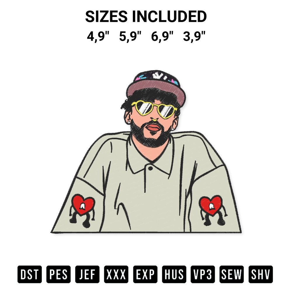 Download the Bad Bunny Rapper Bad Bunny Playboy Sad Heart Gift Logo Embroidery Design machine embroidery design exclusively at Designspacks.com. Premium digitized pattern for apparel and DIY crafts. Available sizes: 4,9", 5,9", 6,9", 3,9".