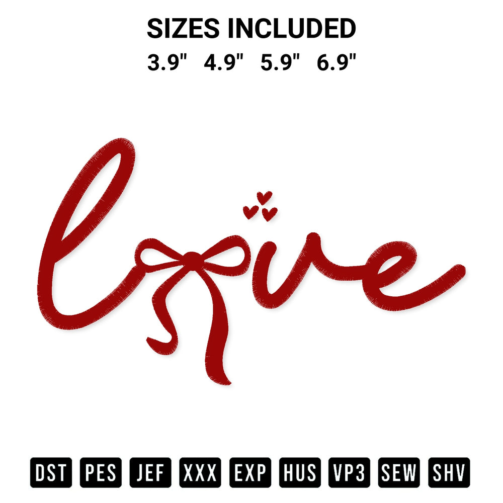 Add a unique touch to your apparel with the Love Bow Embroidery Design embroidery file. Premium instant download available now on Designspacks.com. Available sizes: 3.9", 4.9", 5.9", 6.9".