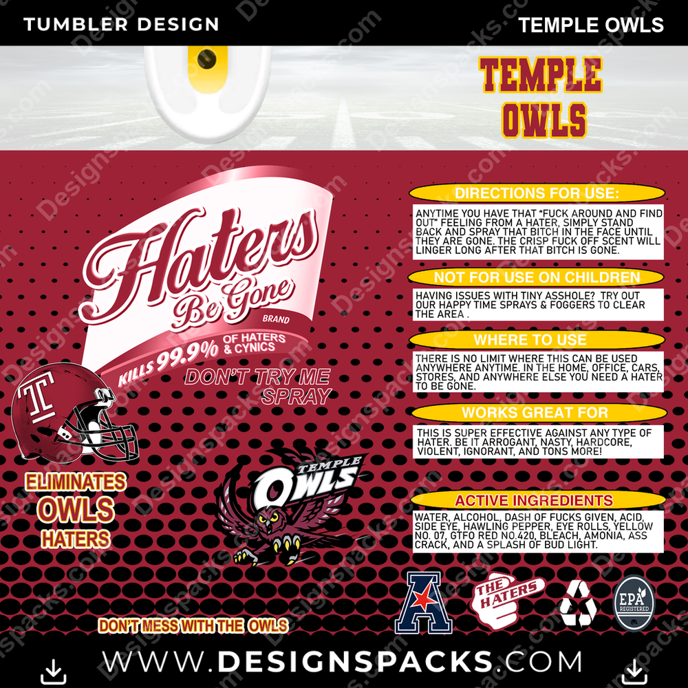 College Sport Haters Be Gone Temple Owls NCAA College Sport Tumbler Digital Wrap Design Download