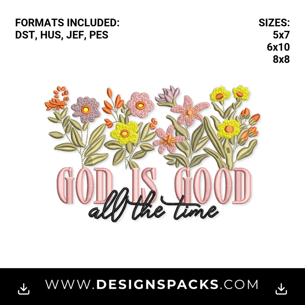 God Is Good All The Time Wildflower Embroidery Design - Instant digital download pattern at Designspacks.com