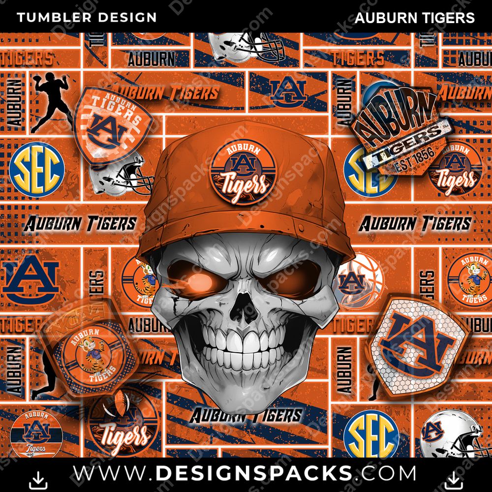 College Sport Skull Auburn Tigers Tumbler Digital Wrap Design