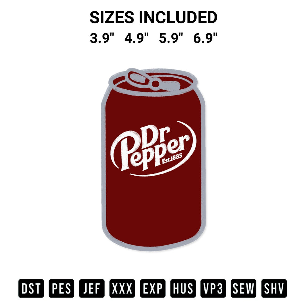 Transform your fabrics with the Dr Pepper Embroidery Design embroidery design. Instant access to premium digitized patterns at Designspacks.com. Available sizes: 3.9", 4.9", 5.9", 6.9".