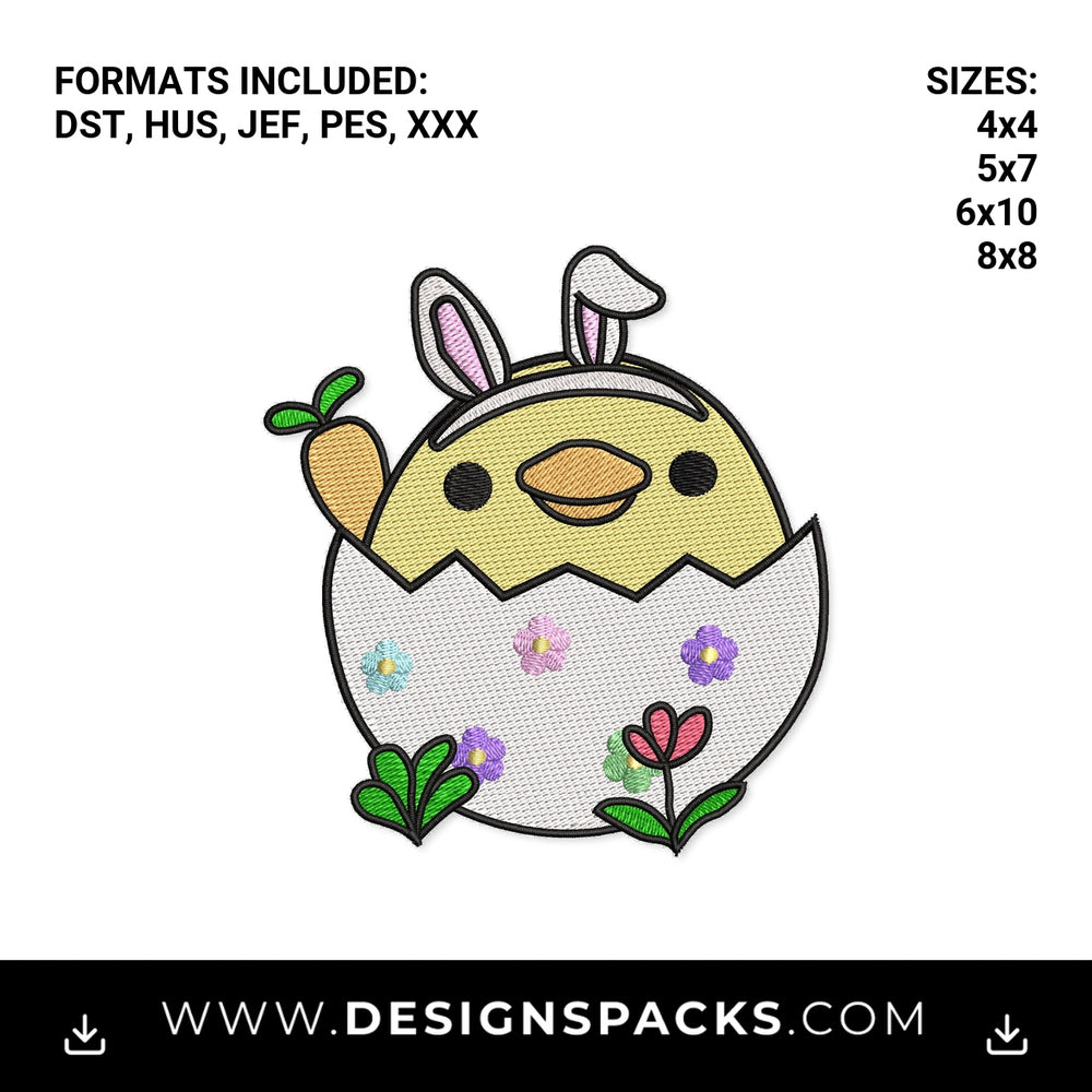 Cute Easter Chick in Egg with Bunny Ears Embroidery Design - Instant digital download pattern at Designspacks.com