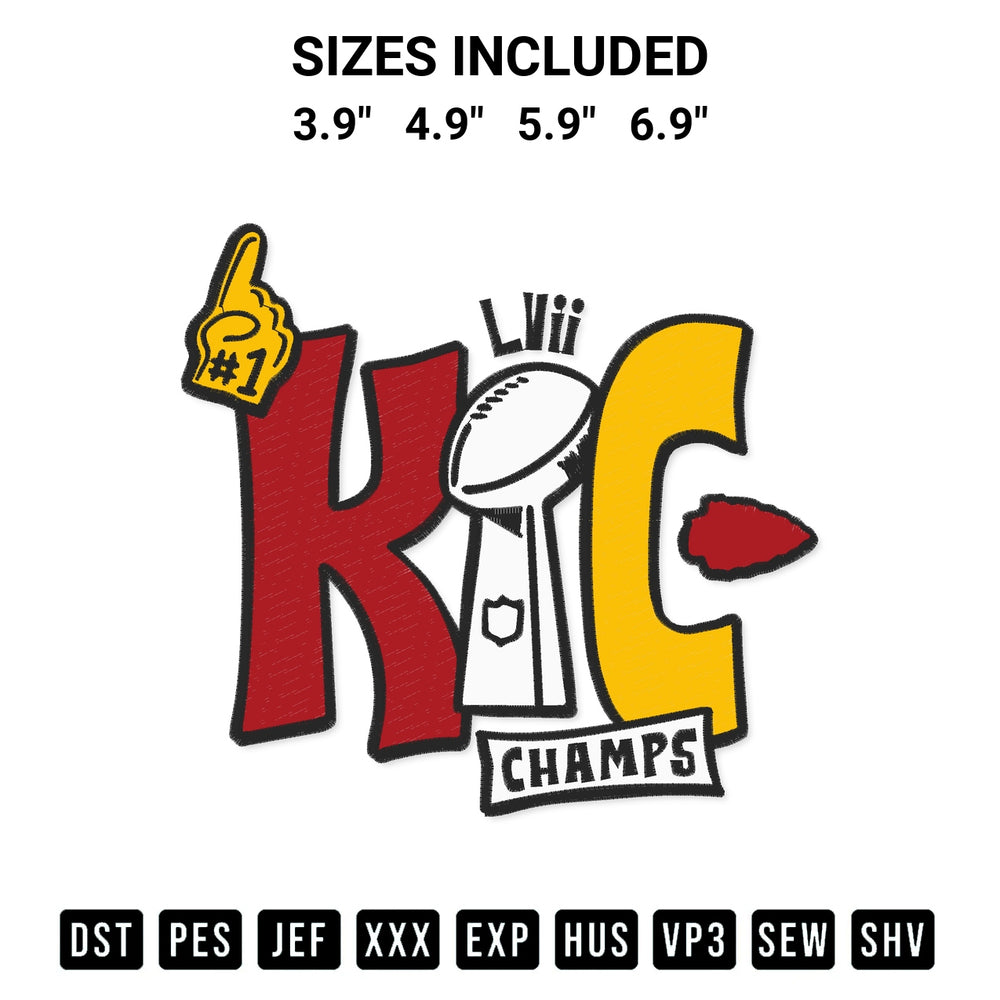 Create amazing crafts with the Kc Chief Superbowl Champions Embroidery Design embroidery file. High-quality digital download from Designspacks.com, perfect for beginners and pros. Available sizes: 3.9", 4.9", 5.9", 6.9".