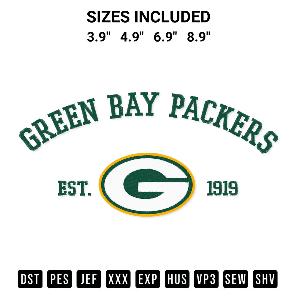 Discover the perfect addition to your crafting collection: Green Bay Packers Est 1919 Embroidery Design embroidery file. Instantly available at Designspacks.com. Available sizes: 3.9", 4.9", 6.9", 8.9".