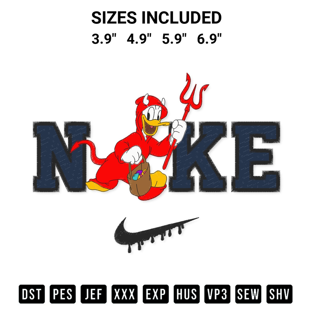 Stitch like a pro with the Nike Donald Duck Halloween Embroidery Design embroidery pattern from Designspacks.com. High-quality digital machine embroidery file. Available sizes: 3.9", 4.9", 5.9", 6.9".