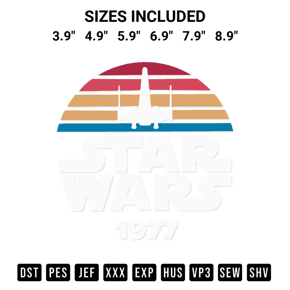 Get the Star Wars 1977 Embroidery Design embroidery design for your custom crafts! Premium digitized files available for instant download at Designspacks.com. Available sizes: 3.9", 4.9", 5.9", 6.9", 7.9", 8.9".