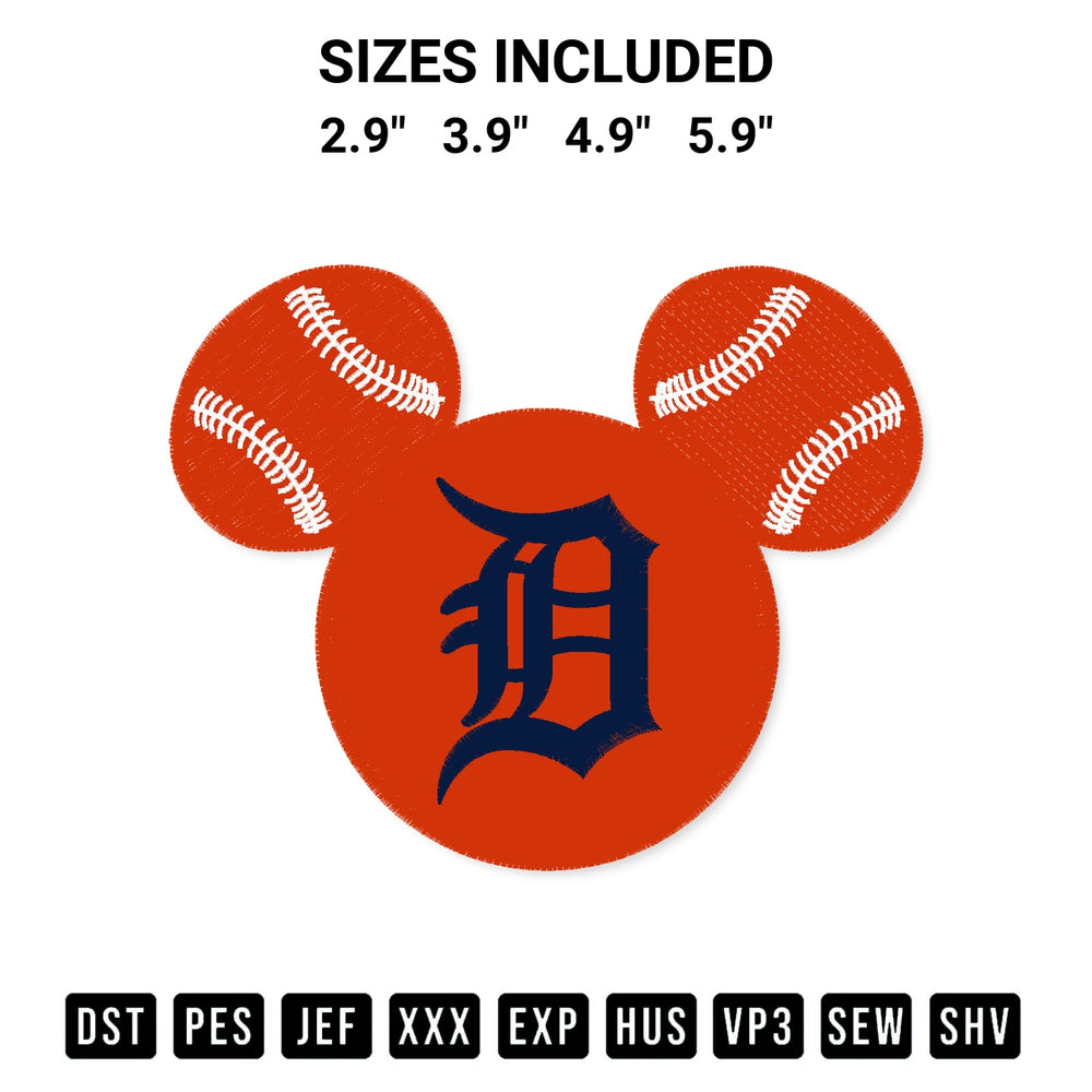 Shop the Detroit Tigers Baseball Mouse Head Embroidery Design machine embroidery pattern at Designspacks.com. Beautifully digitized for flawless stitching on any fabric. Available sizes: 2.9", 3.9", 4.9", 5.9".