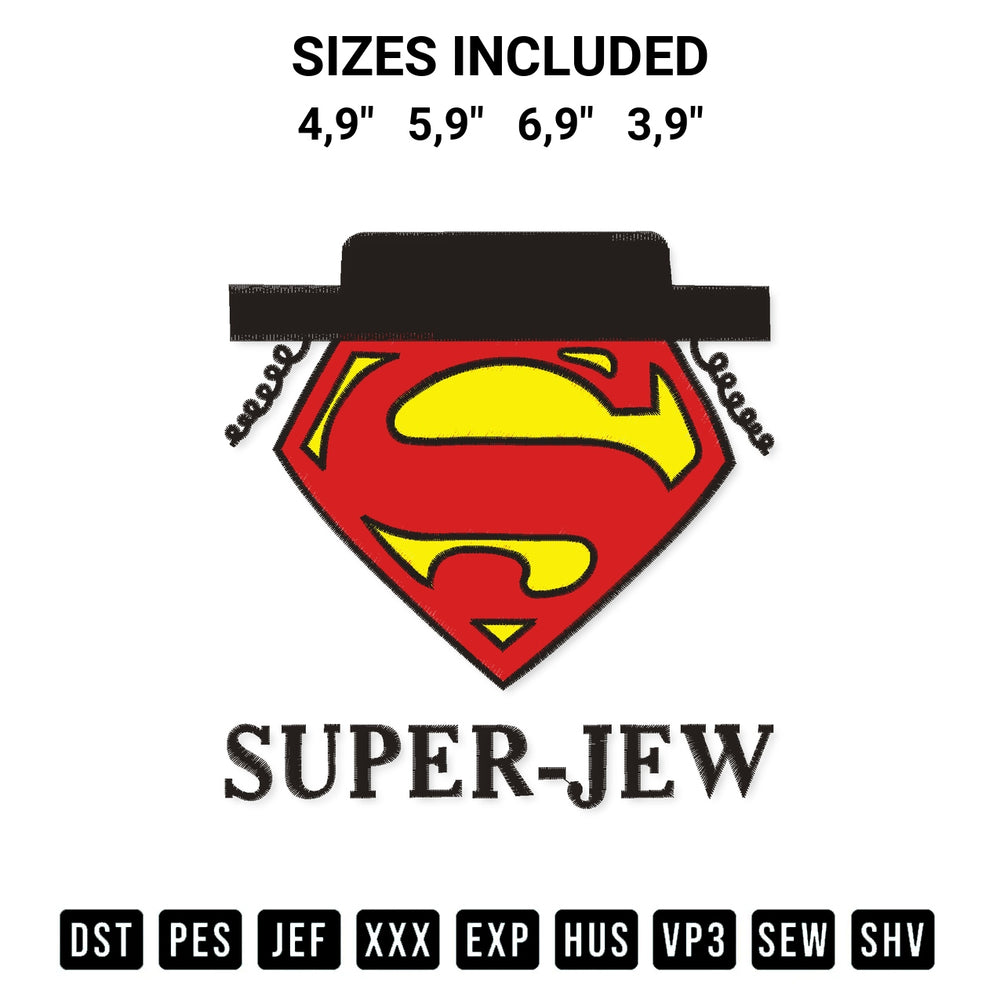 Transform your fabrics with the Super Jew Logo Embroidery Design embroidery design. Instant access to premium digitized patterns at Designspacks.com. Available sizes: 4,9", 5,9", 6,9", 3,9".