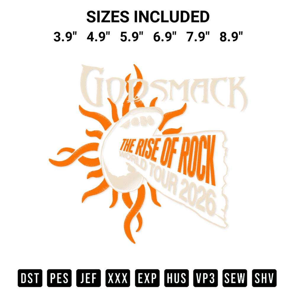 Elevate your next project with our Godsmack The Rise Of Rock World Tour 2026 Embroidery Design embroidery file. Shop high-quality digital patterns instantly at Designspacks.com. Available sizes: 3.9", 4.9", 5.9", 6.9", 7.9", 8.9".
