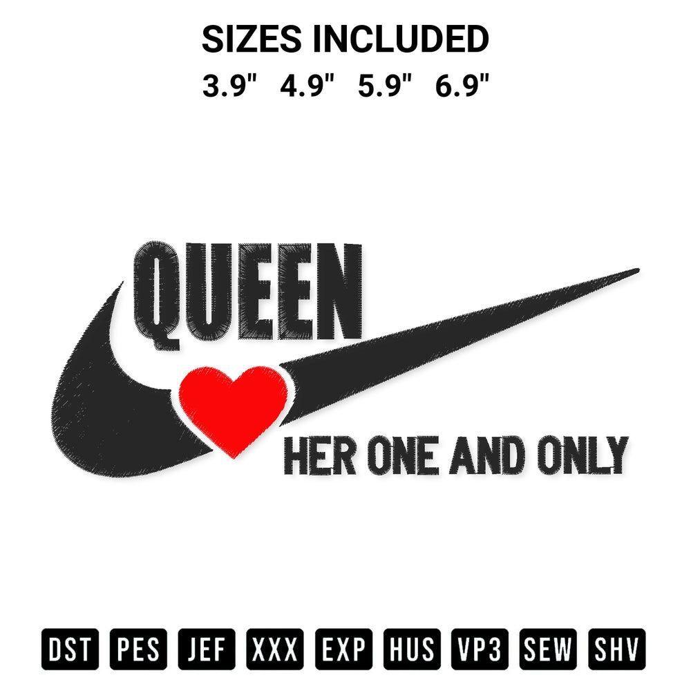 Create amazing crafts with the Queen Her One And Only Embroidery Design embroidery file. High-quality digital download from Designspacks.com, perfect for beginners and pros. Available sizes: 3.9", 4.9", 5.9", 6.9".
