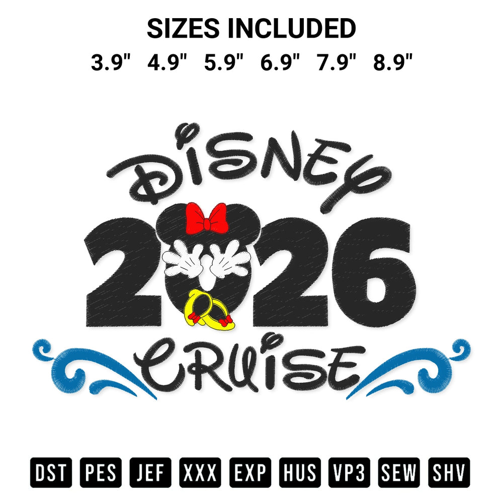 Transform your fabrics with the 2026 Disney Cruise Minnie Embroidery Design embroidery design. Instant access to premium digitized patterns at Designspacks.com. Available sizes: 3.9", 4.9", 5.9", 6.9", 7.9", 8.9".