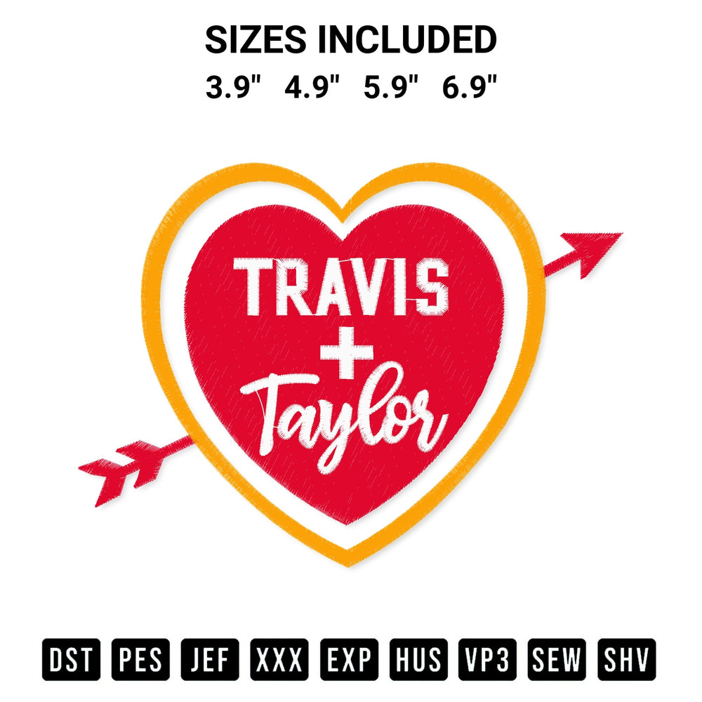 Create amazing crafts with the Heart Taylor Swift Travis Kelce Embroidery Design embroidery file. High-quality digital download from Designspacks.com, perfect for beginners and pros. Available sizes: 3.9", 4.9", 5.9", 6.9".