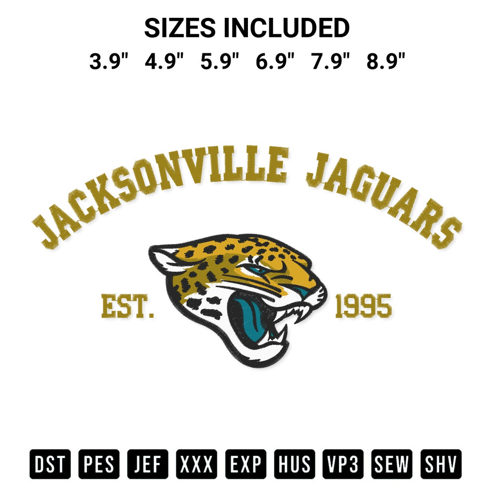 Looking for the perfect pattern? Download the Jacksonville Jaguars Est 1995 Embroidery Design embroidery design today at Designspacks.com. Crisp, clean stitching guaranteed. Available sizes: 3.9", 4.9", 5.9", 6.9", 7.9", 8.9".