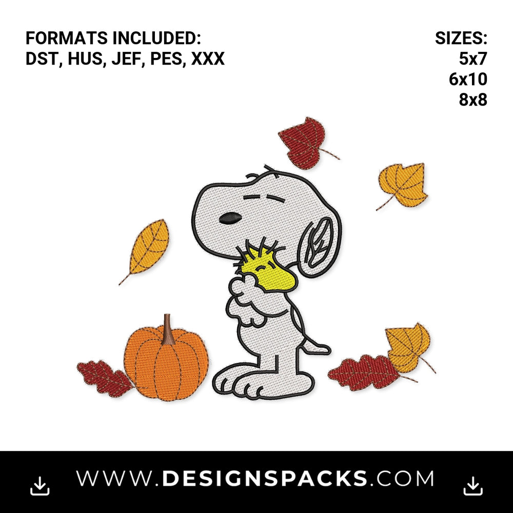 Snoopy Hugging Woodstock Fall Pumpkin Embroidery Design - Instant digital download pattern at Designspacks.com