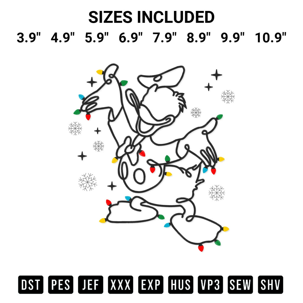 Elevate your next project with our Pattern Donald Duck Christmas Lights Embroidery Design embroidery file. Shop high-quality digital patterns instantly at Designspacks.com. Available sizes: 3.9", 4.9", 5.9", 6.9", 7.9", 8.9", 9.9", 10.9".