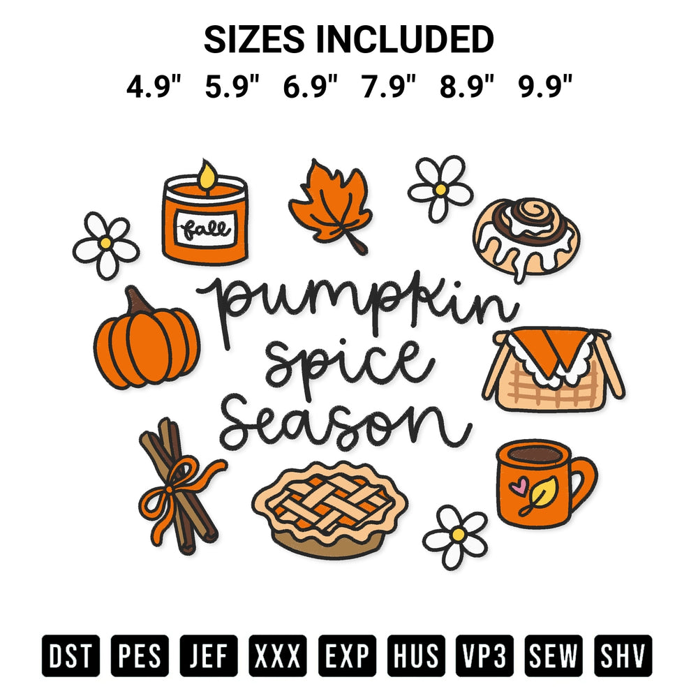 Shop the Pumpkin Spice Season Embroidery Design machine embroidery pattern at Designspacks.com. Beautifully digitized for flawless stitching on any fabric. Available sizes: 4.9", 5.9", 6.9", 7.9", 8.9", 9.9".