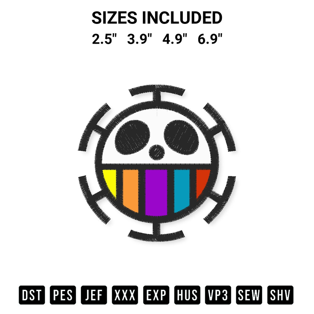 Download the Trafalgar Law Logo Embroidery Design machine embroidery design exclusively at Designspacks.com. Premium digitized pattern for apparel and DIY crafts. Available sizes: 2.5", 3.9", 4.9", 6.9".