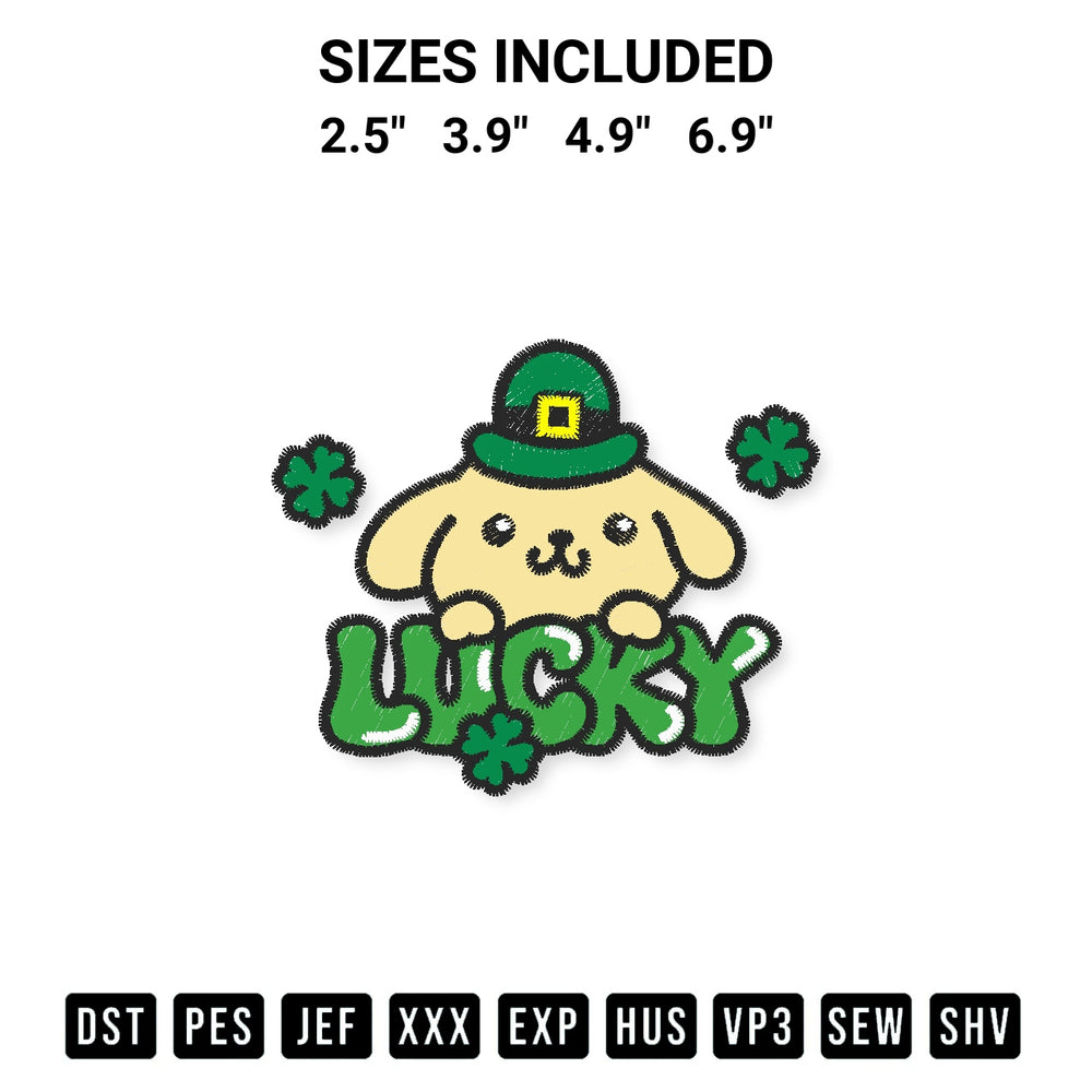 Discover the perfect addition to your crafting collection: Lucky Pompompurin St Patricks Day Embroidery Design embroidery file. Instantly available at Designspacks.com. Available sizes: 2.5", 3.9", 4.9", 6.9".