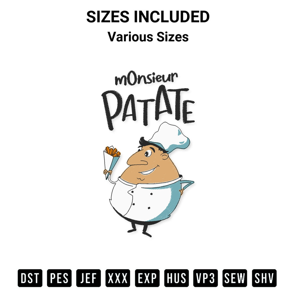 Shop the Monsieur Patate Embroidery Design machine embroidery pattern at Designspacks.com. Beautifully digitized for flawless stitching on any fabric. Available sizes: Various Sizes.