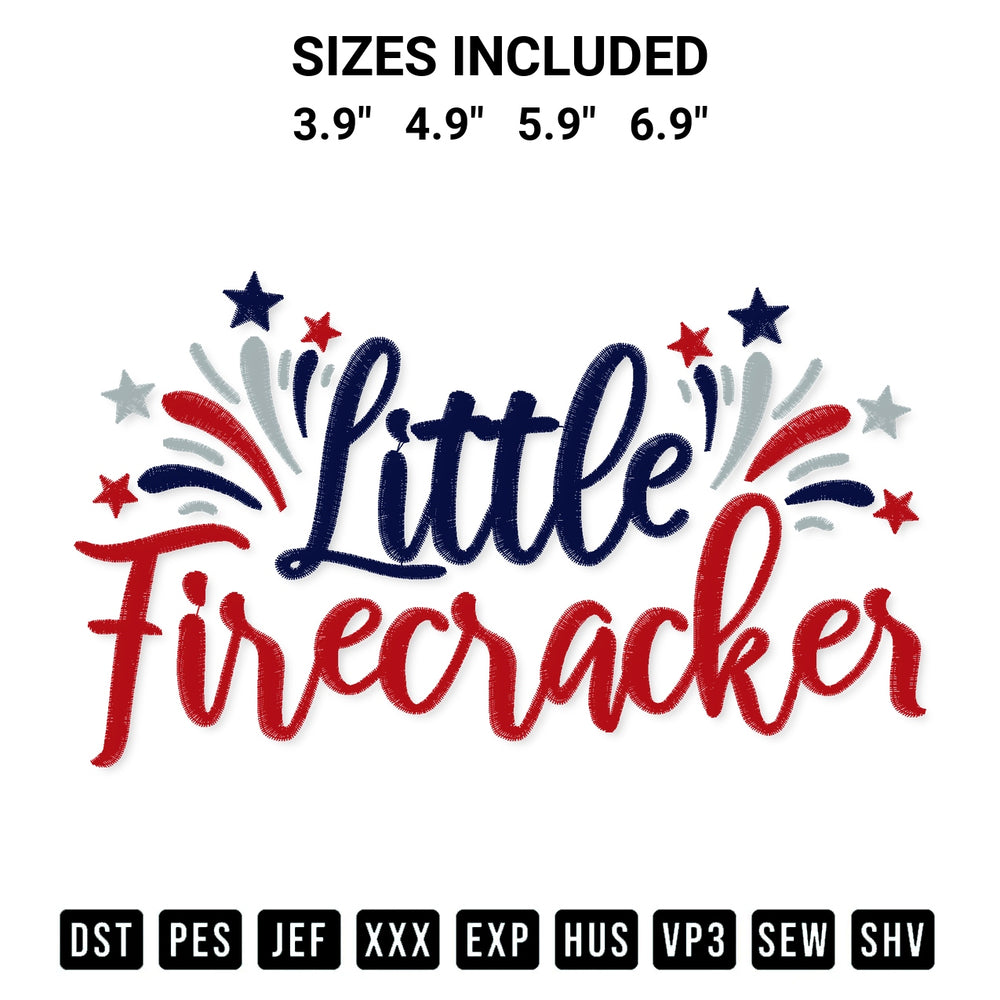Download the Little Firecracker Embroidery Design machine embroidery design exclusively at Designspacks.com. Premium digitized pattern for apparel and DIY crafts. Available sizes: 3.9", 4.9", 5.9", 6.9".