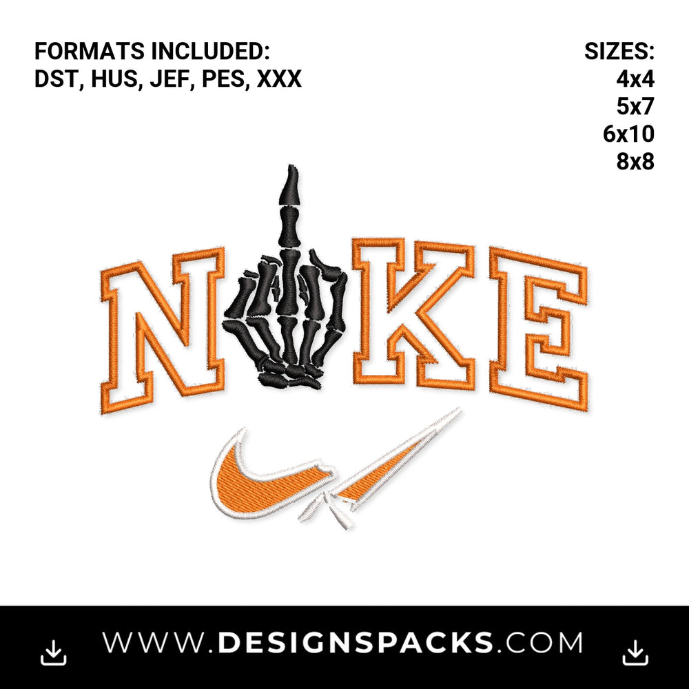 Skeleton Middle Finger Broken Swoosh Embroidery Design - Instant digital download pattern at Designspacks.com