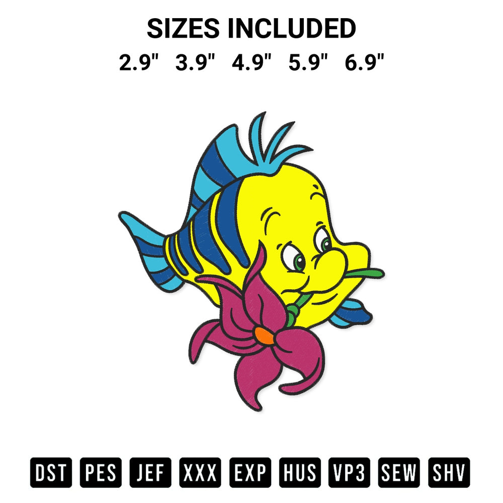 Create amazing crafts with the Flounder With Flower Embroidery Design embroidery file. High-quality digital download from Designspacks.com, perfect for beginners and pros. Available sizes: 2.9", 3.9", 4.9", 5.9", 6.9".