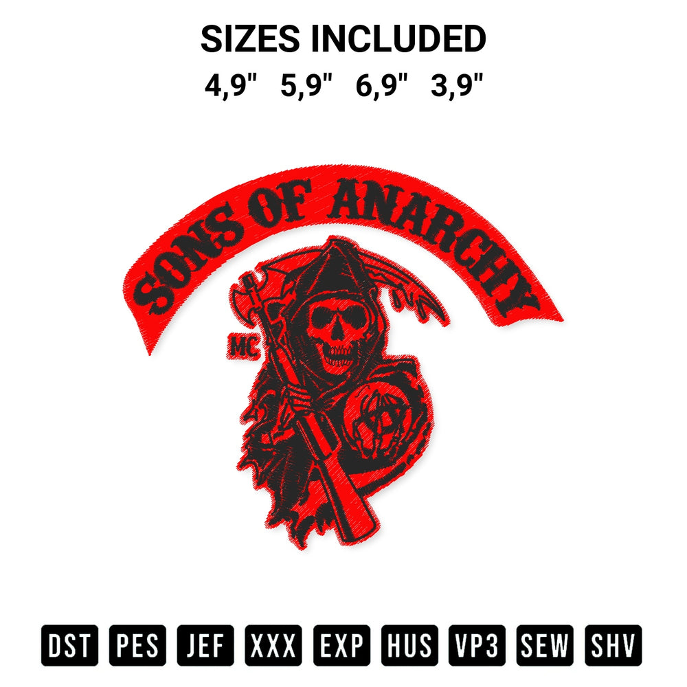 Elevate your next project with our Sons Of Anarchy Logo Embroidery Design embroidery file. Shop high-quality digital patterns instantly at Designspacks.com. Available sizes: 4,9", 5,9", 6,9", 3,9".