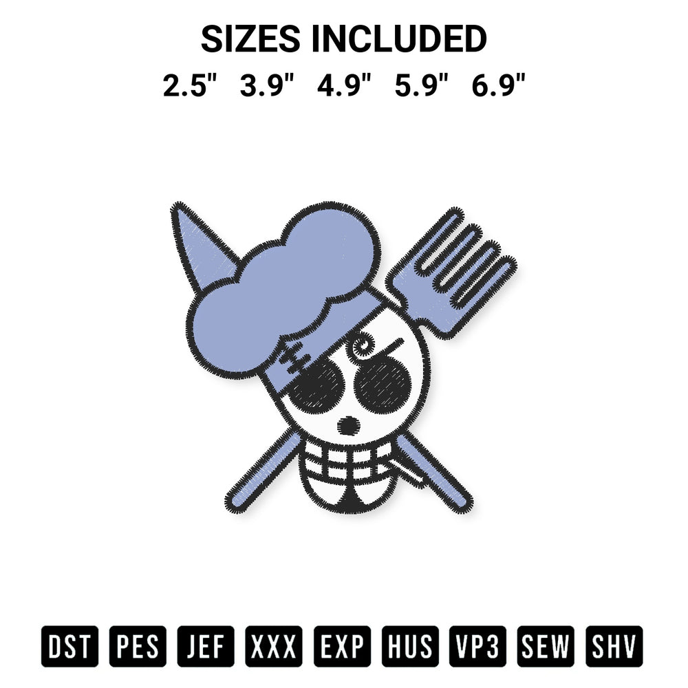 Get the Sanji Jolly Roger Embroidery Design embroidery design for your custom crafts! Premium digitized files available for instant download at Designspacks.com. Available sizes: 2.5", 3.9", 4.9", 5.9", 6.9".