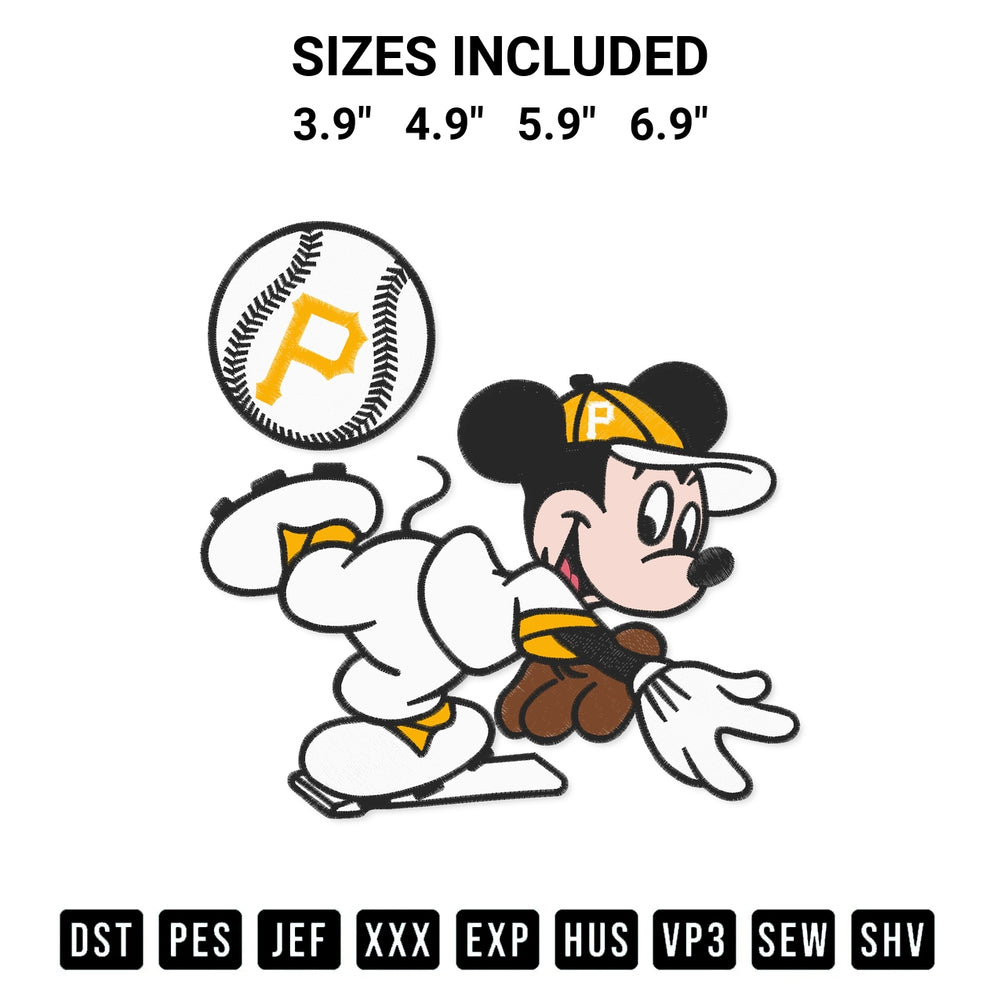 Create amazing crafts with the Baseball Pittsburgh Pirates Mickey Mouse Embroidery Design embroidery file. High-quality digital download from Designspacks.com, perfect for beginners and pros. Available sizes: 3.9", 4.9", 5.9", 6.9".