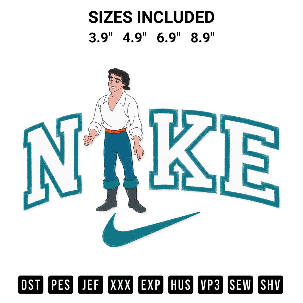 Stitch like a pro with the Nike Prince Eric Embroidery Design embroidery pattern from Designspacks.com. High-quality digital machine embroidery file. Available sizes: 3.9", 4.9", 6.9", 8.9".
