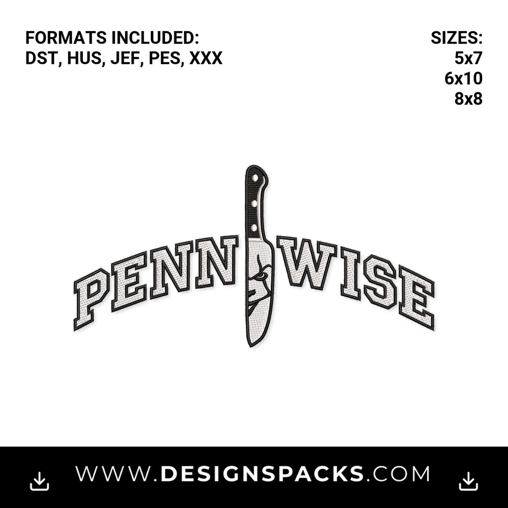 Pennywise Horror Knife Varsity Logo Embroidery Design - Instant digital download pattern at Designspacks.com