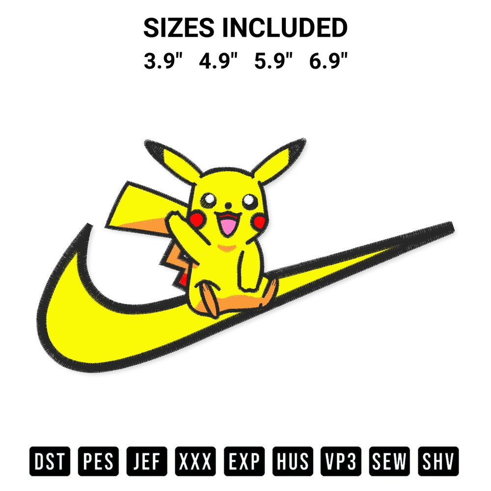 Transform your fabrics with the Pikachu Swoosh Embroidery Design embroidery design. Instant access to premium digitized patterns at Designspacks.com. Available sizes: 3.9", 4.9", 5.9", 6.9".