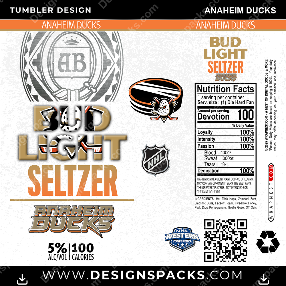 Hockey Bud Light Seltzer Anaheim Ducks Tumbler Digital Wrap Design