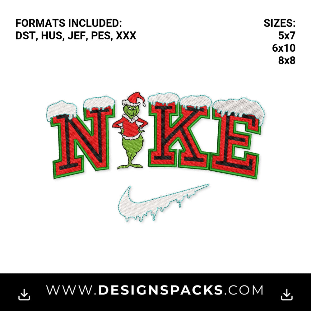 Grinch Nike Christmas Snow Swoosh Embroidery Design - Instant digital download pattern at Designspacks.com