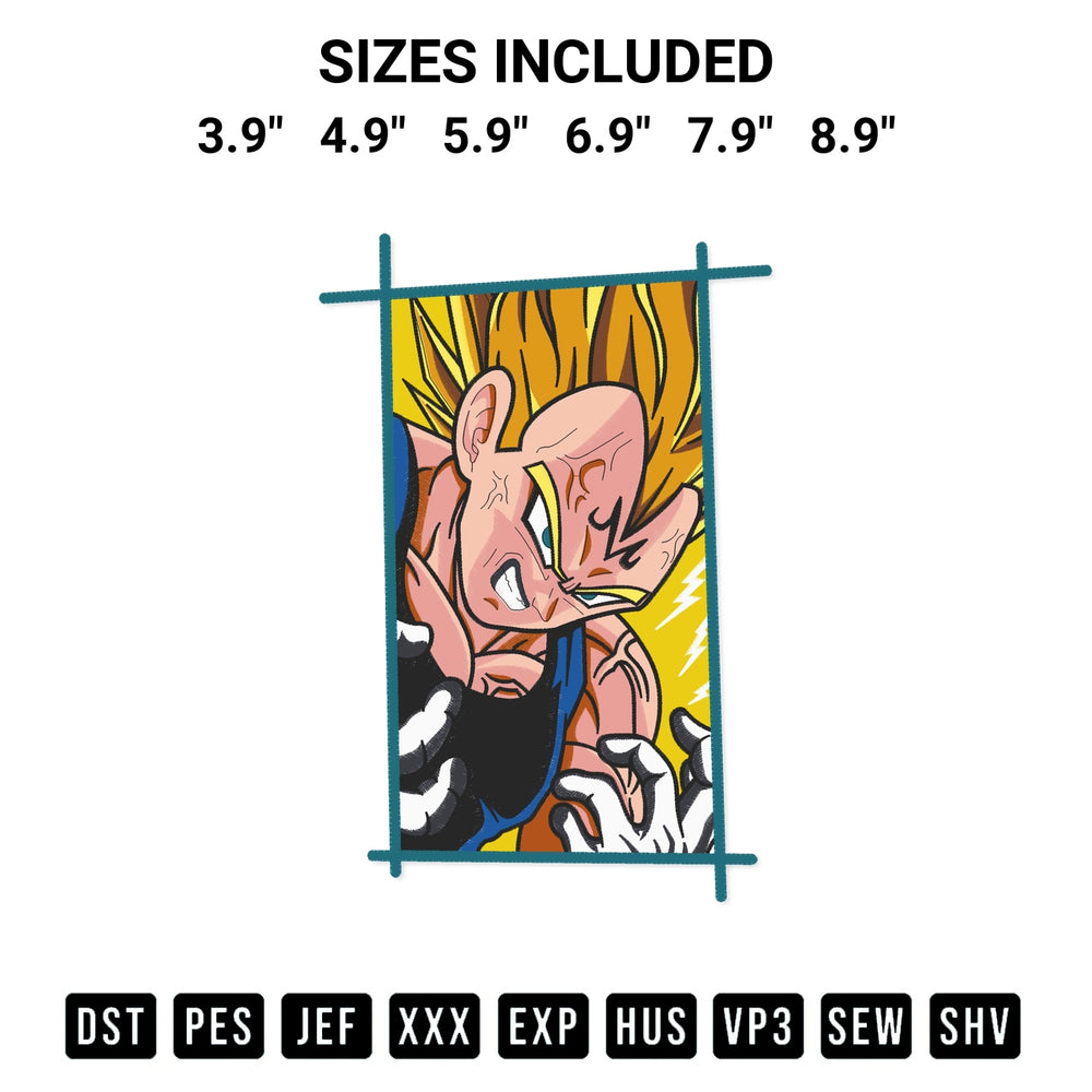 Looking for the perfect pattern? Download the Majin Vegeta Angry Embroidery Design embroidery design today at Designspacks.com. Crisp, clean stitching guaranteed. Available sizes: 3.9", 4.9", 5.9", 6.9", 7.9", 8.9".