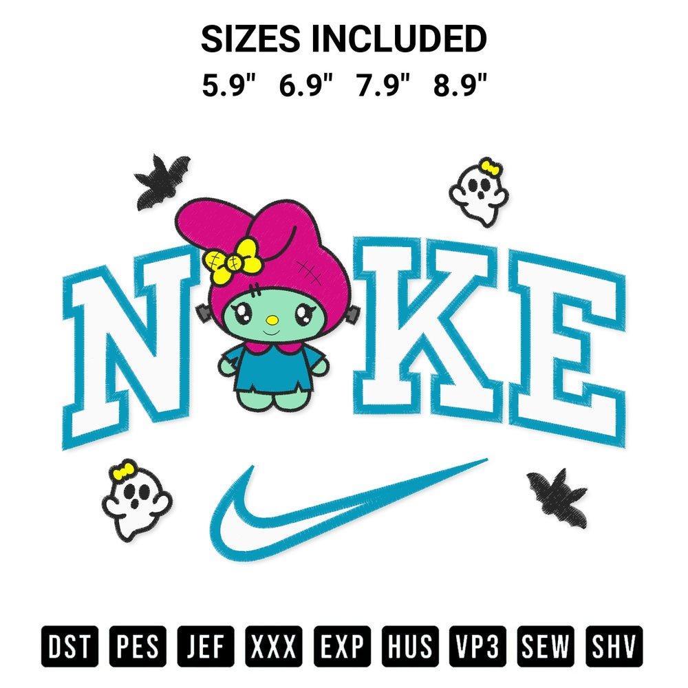 Add a unique touch to your apparel with the Frankenstein My Melody X Nike Embroidery Design embroidery file. Premium instant download available now on Designspacks.com. Available sizes: 5.9", 6.9", 7.9", 8.9".