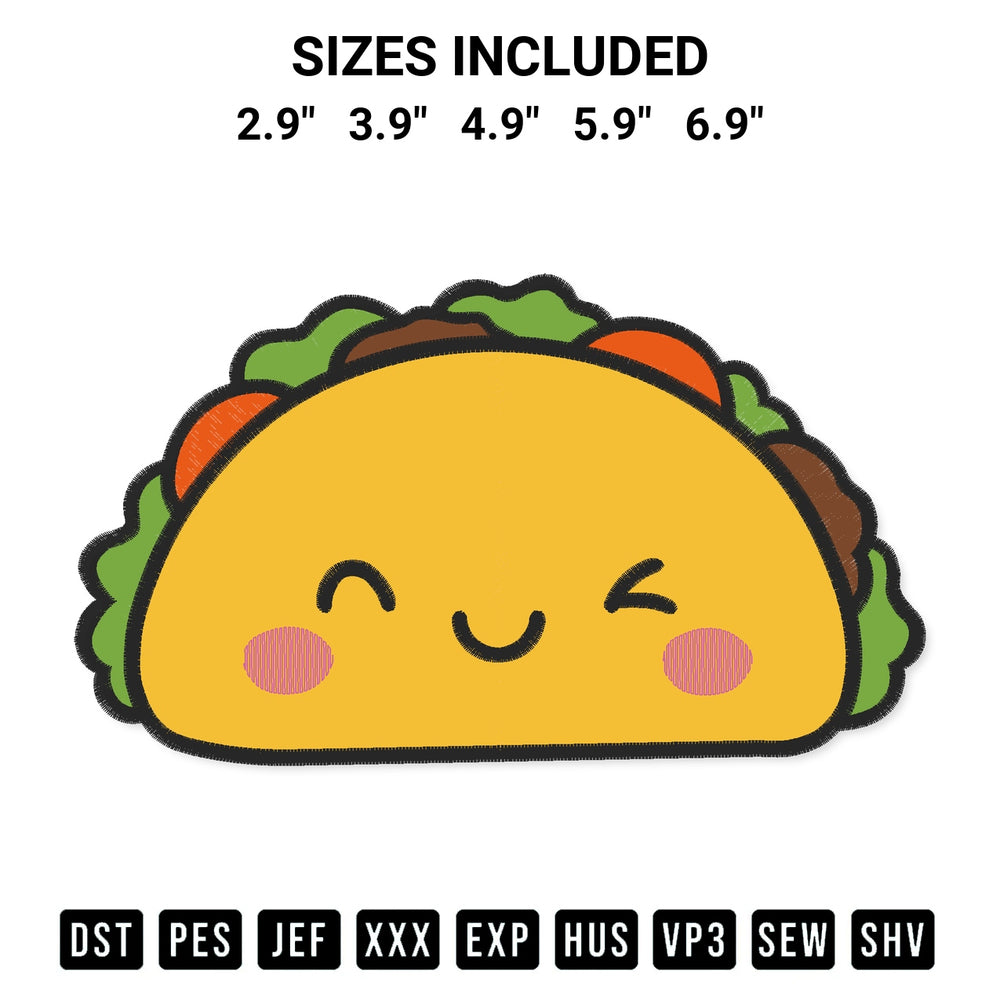Shop the Cute Taco Embroidery Design machine embroidery pattern at Designspacks.com. Beautifully digitized for flawless stitching on any fabric. Available sizes: 2.9", 3.9", 4.9", 5.9", 6.9".