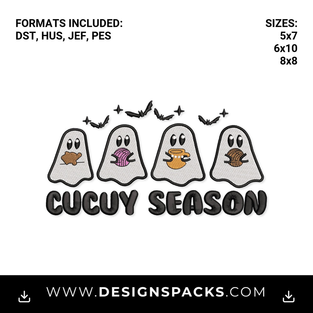 Cute Cucuy Season Ghosts with Pan Dulce Embroidery Design - Instant digital download pattern at Designspacks.com