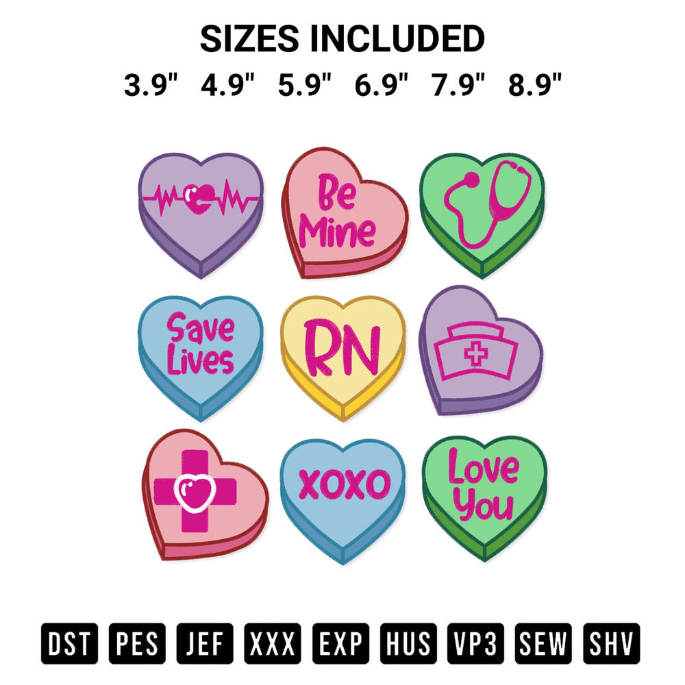 Create amazing crafts with the Conversation Hearts Valentines Day Embroidery Design embroidery file. High-quality digital download from Designspacks.com, perfect for beginners and pros. Available sizes: 3.9", 4.9", 5.9", 6.9", 7.9", 8.9".