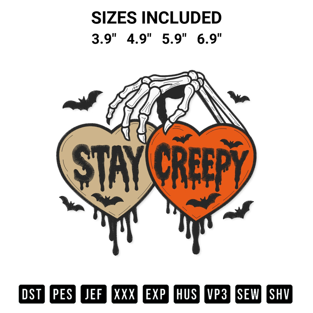 Create amazing crafts with the Stay Creepy Skeleton Hand Embroidery Design embroidery file. High-quality digital download from Designspacks.com, perfect for beginners and pros. Available sizes: 3.9", 4.9", 5.9", 6.9".