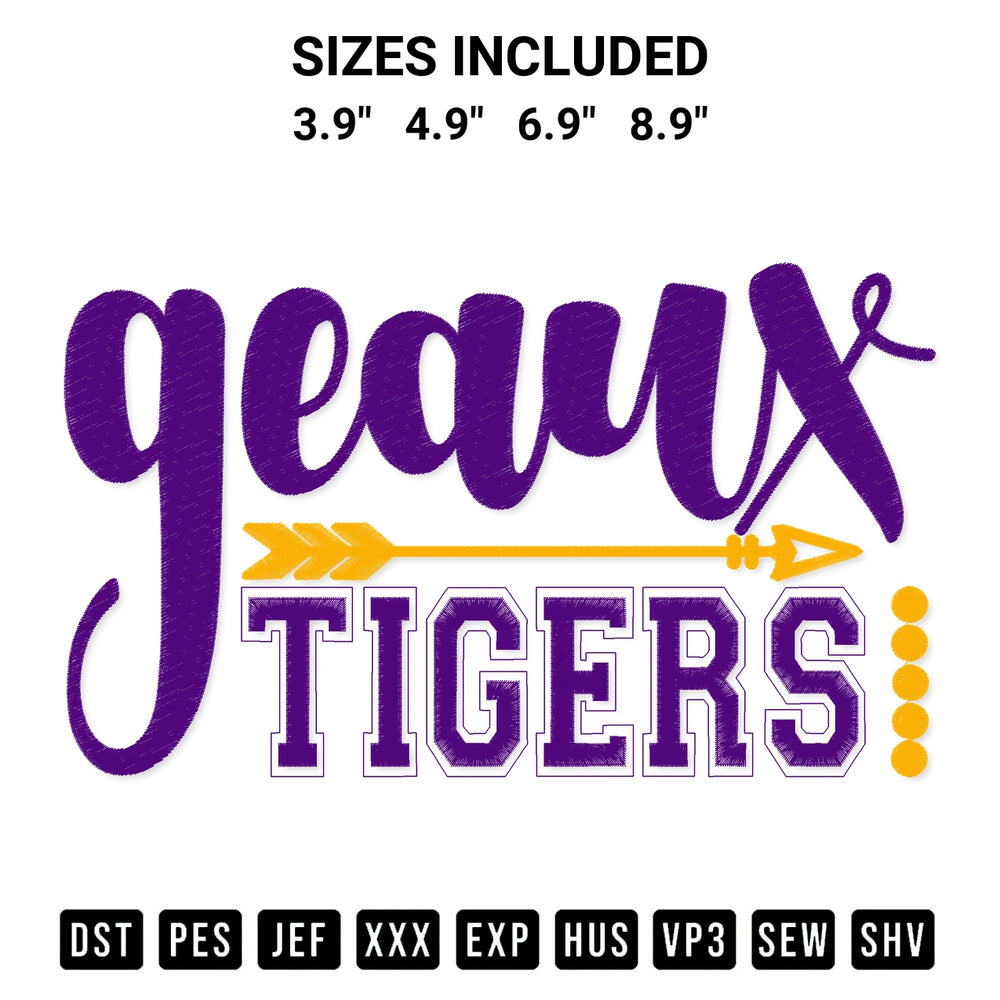 Stitch like a pro with the Geaux Tigers Lsu Embroidery Design embroidery pattern from Designspacks.com. High-quality digital machine embroidery file. Available sizes: 3.9", 4.9", 6.9", 8.9".
