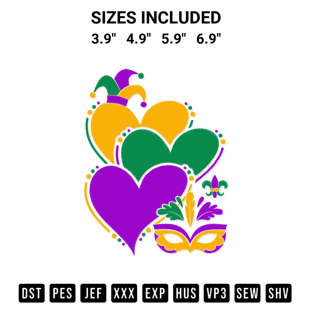 Create amazing crafts with the Mardi Gras Cute Hearts Embroidery Design embroidery file. High-quality digital download from Designspacks.com, perfect for beginners and pros. Available sizes: 3.9", 4.9", 5.9", 6.9".