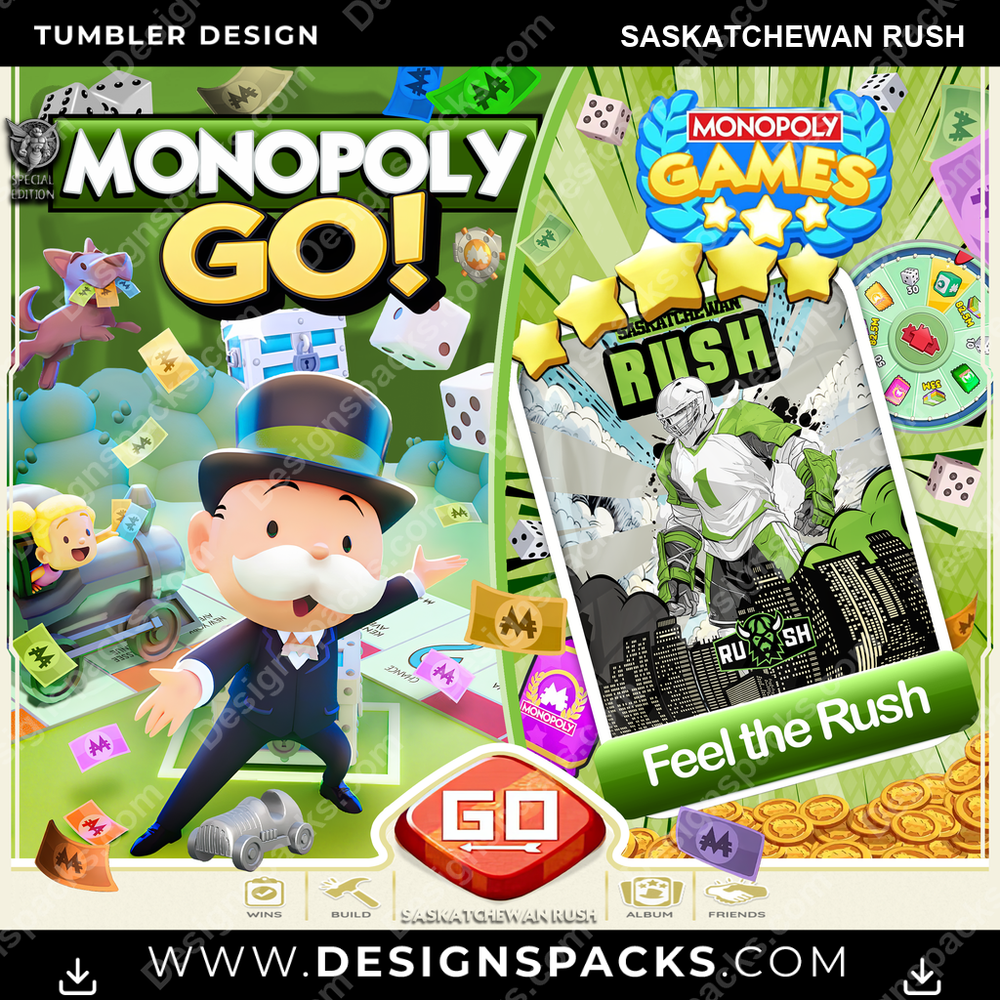 Lacrosse Monopoly Go! Saskatchewan Rush Tumbler Digital Wrap Design