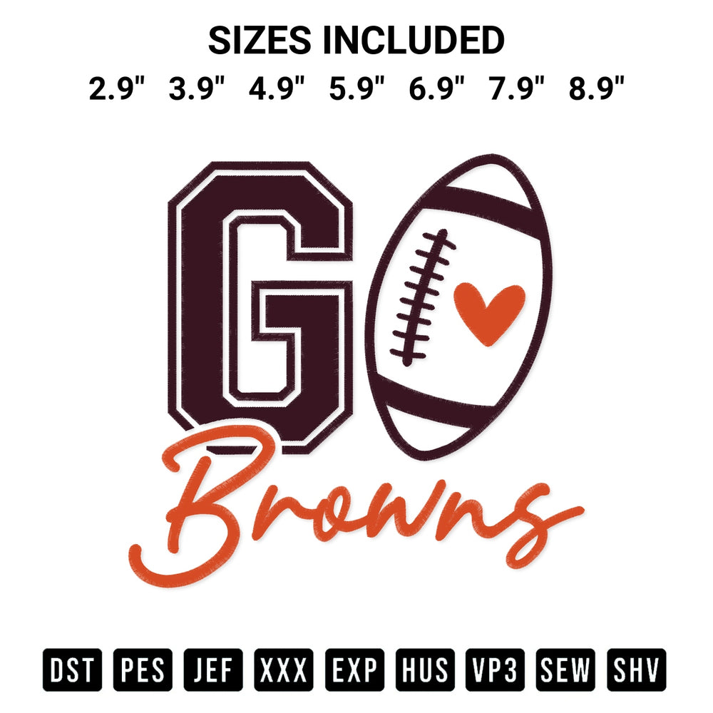 Discover the perfect addition to your crafting collection: Go Browns Football Embroidery Design embroidery file. Instantly available at Designspacks.com. Available sizes: 2.9", 3.9", 4.9", 5.9", 6.9", 7.9", 8.9".